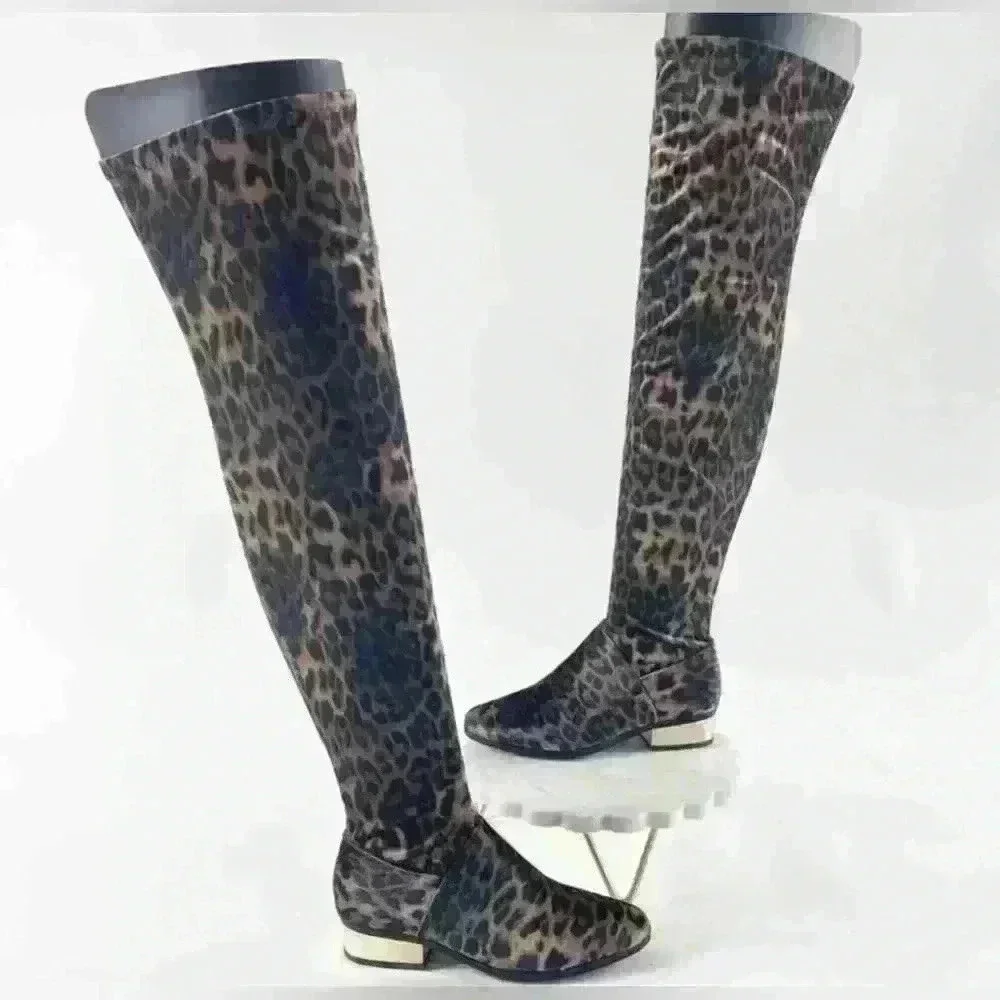 Size 6 NWT NIB Bamboo LEOPARD Print velvet Stardom OTK boot gold heel